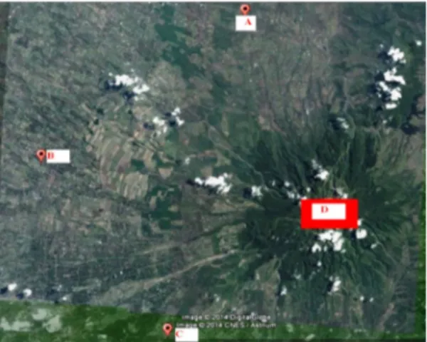 Gambar 2. Sebaran lokasi pengukuran dari posisi Gunung  Kelud A. Kecamatan Kepung, Kediri; B