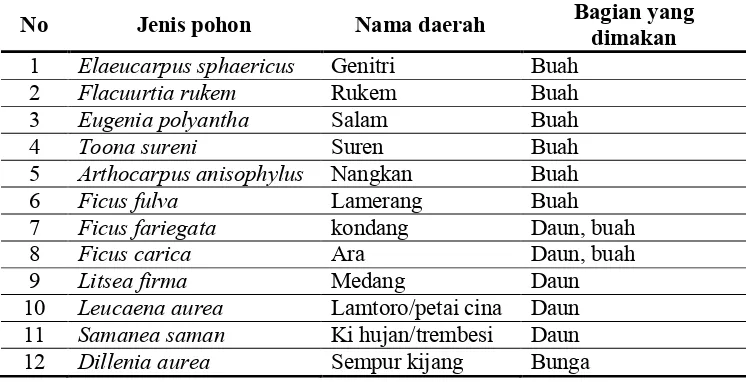 Tabel 2. Jenis tumbuhan pakan siamang di Taman Hutan Raya Wan Abdur Rachman (Andriansyah, 2005).