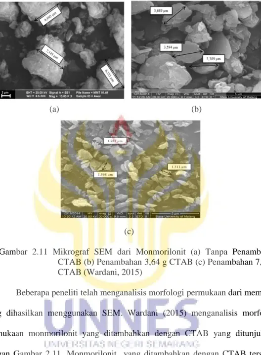 Gambar  2.11  Mikrograf  SEM  dari  Monmorilonit  (a)  Tanpa  Penambahan   CTAB (b) Penambahan 3,64 g CTAB (c) Penambahan 7,28 g  CTAB (Wardani, 2015) 