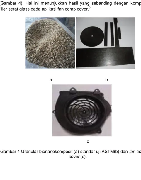 Gambar 4 Granular bionanokomposit (a) standar uji ASTM(b) dan fan comp  cover (c). 