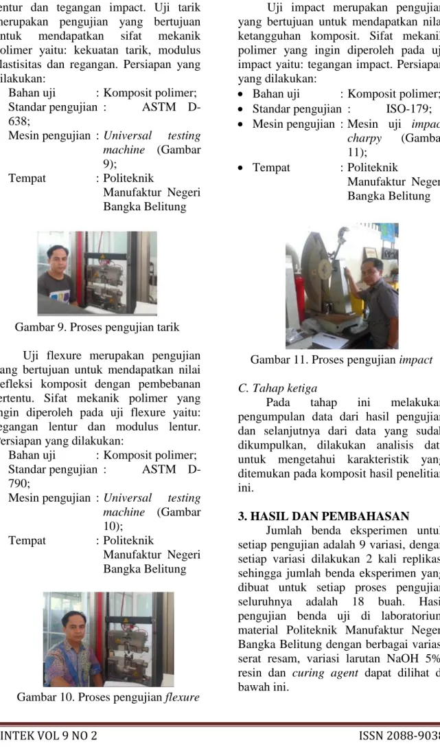 Gambar 9. Proses pengujian tarik  Uji  flexure  merupakan  pengujian  yang  bertujuan  untuk  mendapatkan  nilai  defleksi  komposit  dengan  pembebanan  tertentu