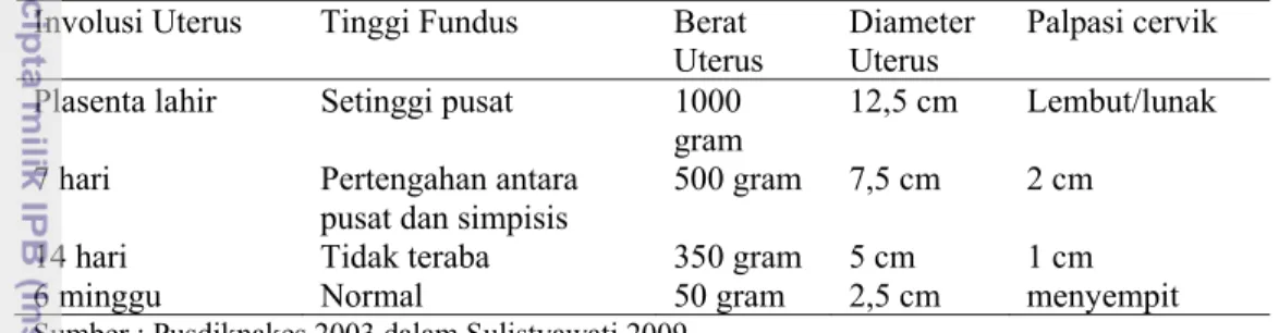 Tabel 4  Perubahan normal pada uterus selama involusi uterus  Involusi Uterus  Tinggi Fundus  Berat 