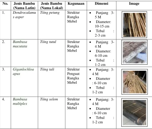 Tabel di atas memaparkan jenis-jenis bambu yang dipakai pada desain mebel bambu desa  Belega
