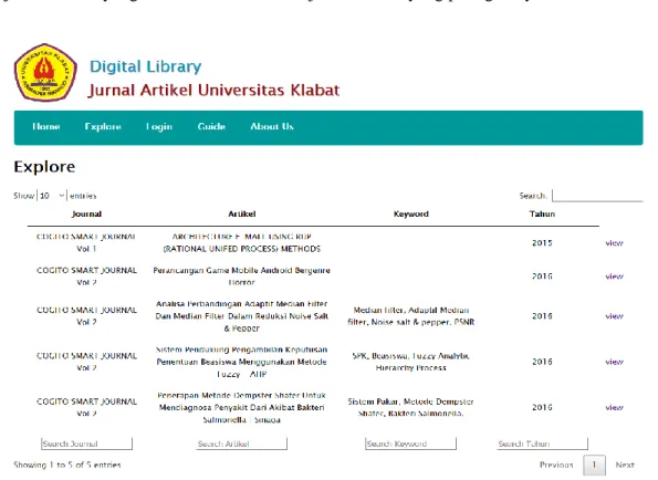 Gambar 6. Implementasi Interface Menu Explore Software Digital Library  Gambar 6 merupakan implementasi  interface Explore