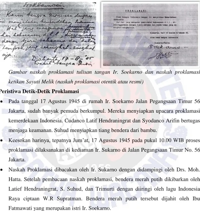 Gambar  naskah  proklamasi  tulisan  tangan  Ir.  Soekarno  dan  naskah  proklamasi  ketikan Sayuti Melik (naskah proklamasi otentik atau resmi) 