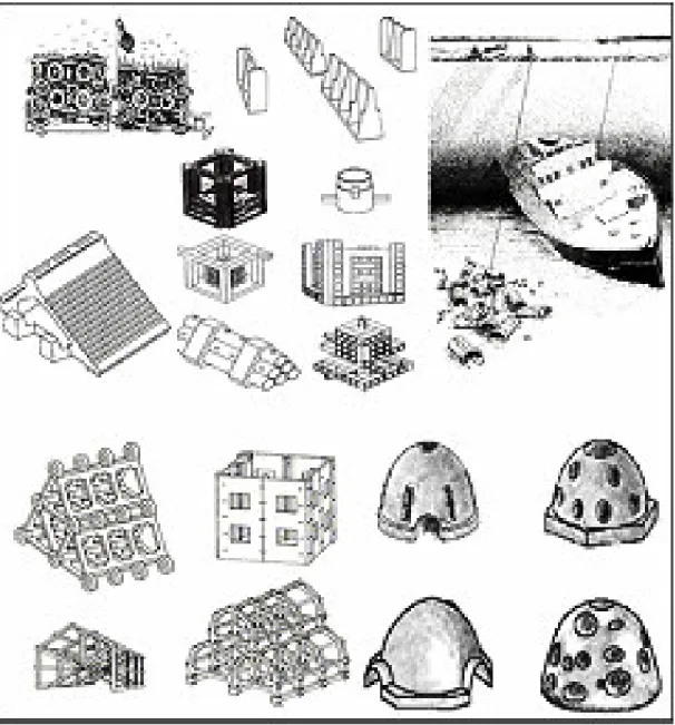 Gambar  Berbagai macam bentuk dan jenis terumbu buatan (Marwadi, 2002)
