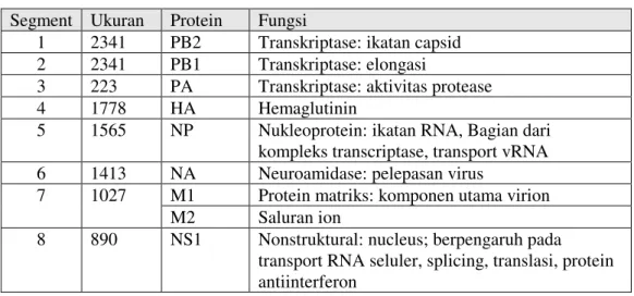 Tabel 1: Segmen, ukuran, gen dan protein VAI tipe A  Segment  Ukuran  Protein  Fungsi 