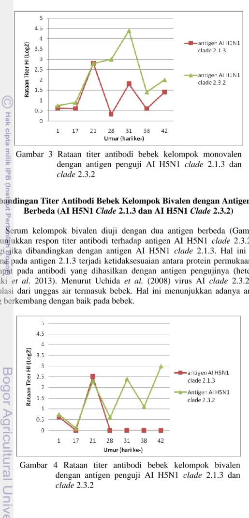 Gambar  4  Rataan  titer  antibodi  bebek  kelompok  bivalen  dengan  antigen  penguji  AI  H5N1  clade  2.1.3  dan  clade 2.3.2  