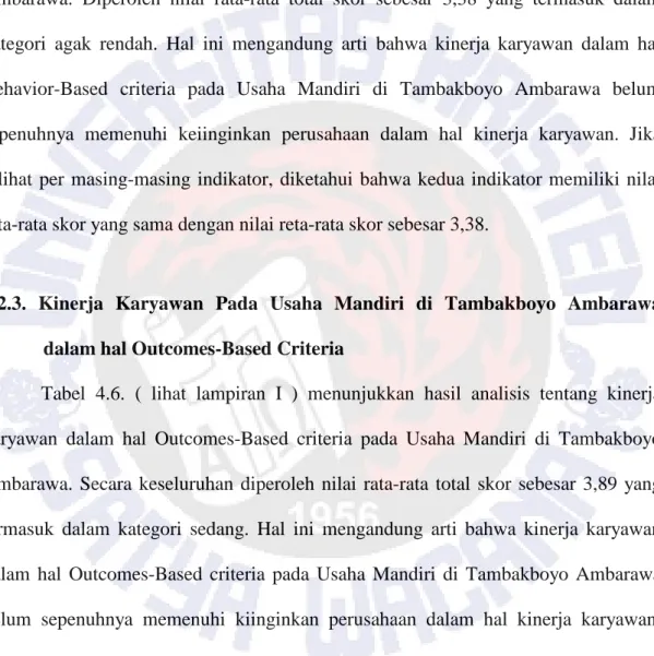 Tabel  4.5.  (  lihat  lampiran  I  )  menunjukkan  hasil  analisis  tentang  kinerja  karyawan  dalam  hal  Behavior-Based  criteria  pada  Usaha  Mandiri  di  Tambakboyo  Ambarawa