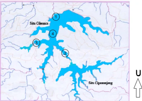 Gambar 1. Peta Situ Cileunca dan lokasi stasiun pengamatan. (1 = Dam Pulosari, 2= outlet Cipanunjang, 3 = Cipanyisikan, dan 4= bagian tengah).