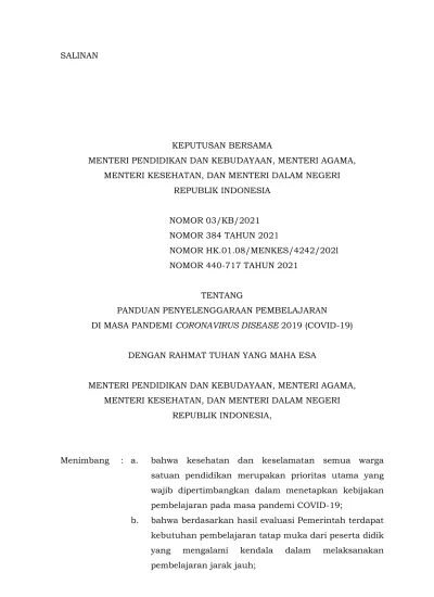 KEPUTUSAN BERSAMA MENTERI PENDIDIKAN DAN KEBUDAYAAN, MENTERI AGAMA ...