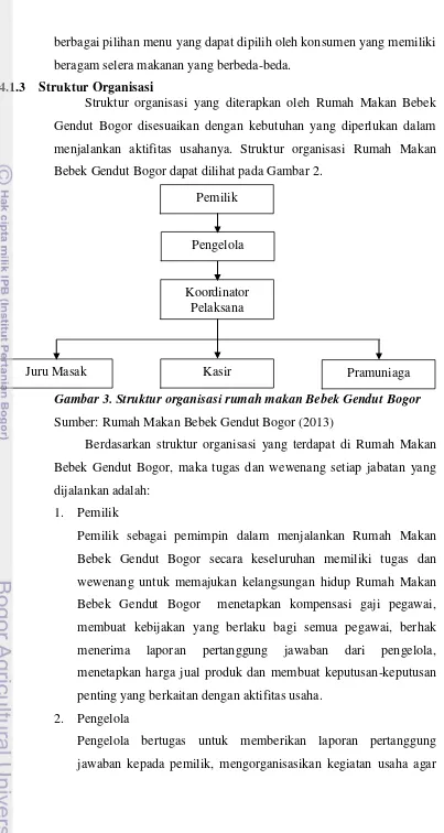 Gambar 3. Struktur organisasi rumah makan Bebek Gendut Bogor 