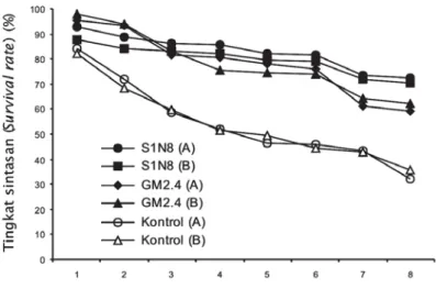 Gambar 2. Grafik perbandingan sintasan ikan yang divaksinasi dengan vaksin S1N8 dan vaksin GM2.4 serta kontrol sebelum uji tantang