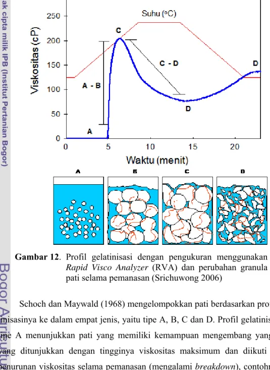 Gambar 12. Profil gelatinisasi dengan pengukuran menggunakan  Rapid Visco Analyzer (RVA) dan perubahan granula  pati selama pemanasan (Srichuwong 2006)  