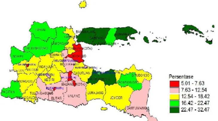Gambar 1. Persebaran persentase penduduk miskin di Jawa Timur  H 1  :   k  u i , v i   0  ; i= 1,2,…, n; k = 1, 2, …, p Statistik uji:    kk iikgvTuˆˆ,                                           (12) Hipotesis akan ditolak jika 