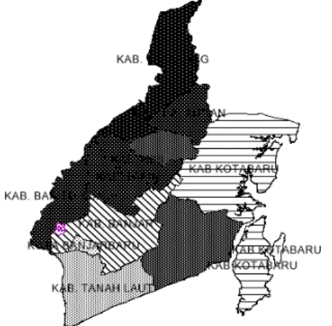 Gambar 3. Visualisasi koefisien parameter b 1  dari model pada  setiap Kota/Kabupaten di wilayah Kalimantan Selatan
