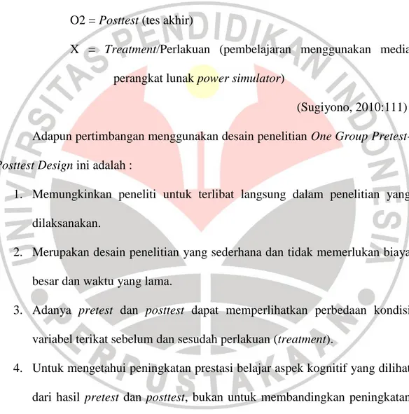 Gambar 3.1 Desain Penelitian One Group Pretest-Posttest Design  Dimana :   O1 = Pretest (tes awal) 