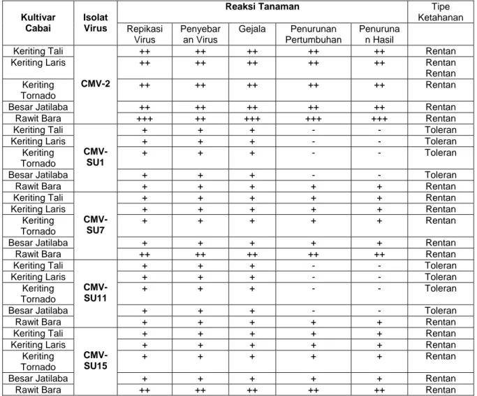 Tabel 5.  Pengelompokan Lima Kultivar Cabai Terhadap Infeksi Isolat CMV-2 dan  Empat Isolat CMV Asal Sumatera Utara  