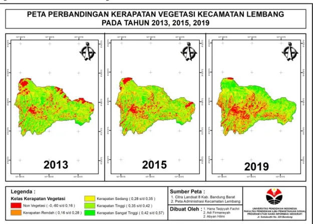 Gambar 3. Peta Perbandingan Kerapatan Vegetasi Kecamatan Lembang pada Tahun 2013, 2015, dan 2019                       (Sumber : Hasil Analisis Penulis, 2021 )