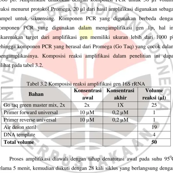 Tabel 3.2 Komposisi reaksi amplifikasi gen 16S rRNA 