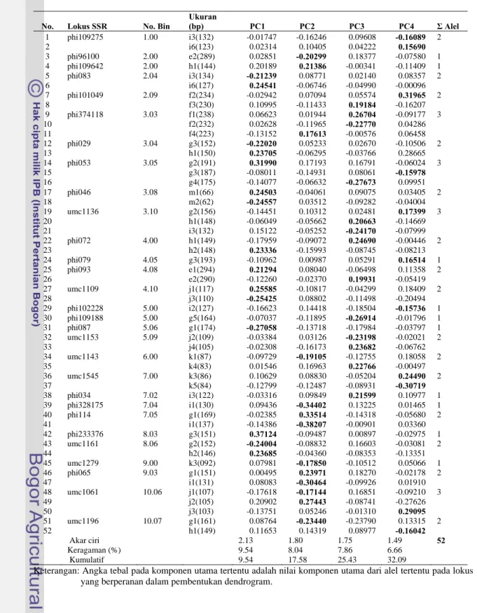Tabel 5 Nilai komponen utama (PC) dari masing-masing pita/alel yang berperanan  dalam membedakan 34 genotipe jagung yang dikarakterisasi 