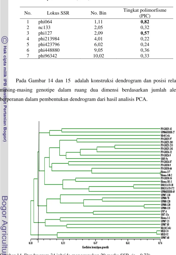 Tabel 6 Primer SSR yang tidak berperan dalam pembentukan dendrogram berdasarkan  analisis komponen utama (PCA) 