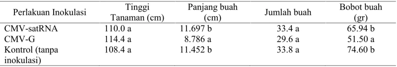 Tabel 1. Tinggi tanaman, panjang, jumlah dan bobot buah tanaman cabai yang terinfeksi CMV-satRNA dan CMV-G