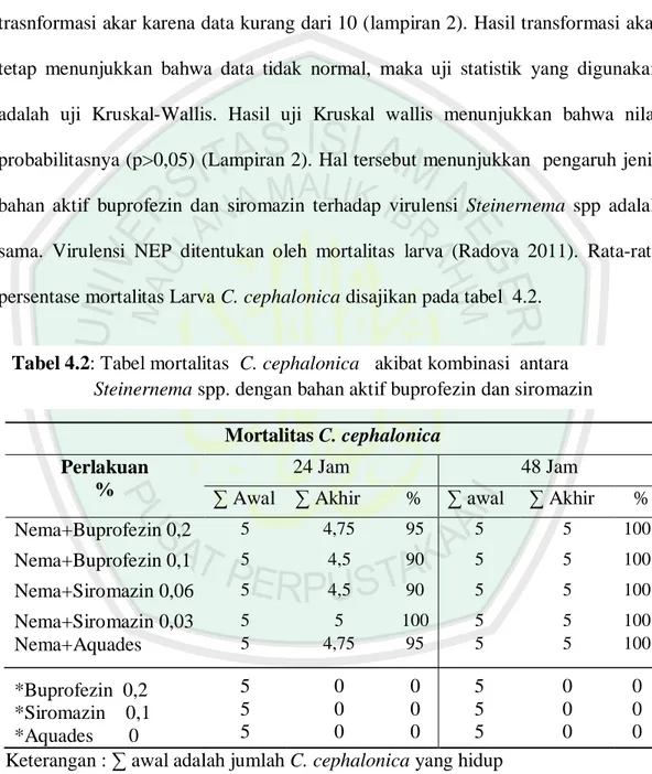 Tabel 4.2: Tabel mortalitas C. cephalonica   akibat kombinasi  antara Steinernema spp