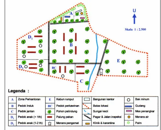 Gambar 8. Diskripsi dan tata letak perancangan tapak penangkaran rusa di  Kampus IPB Darmaga dengan sistem  farming