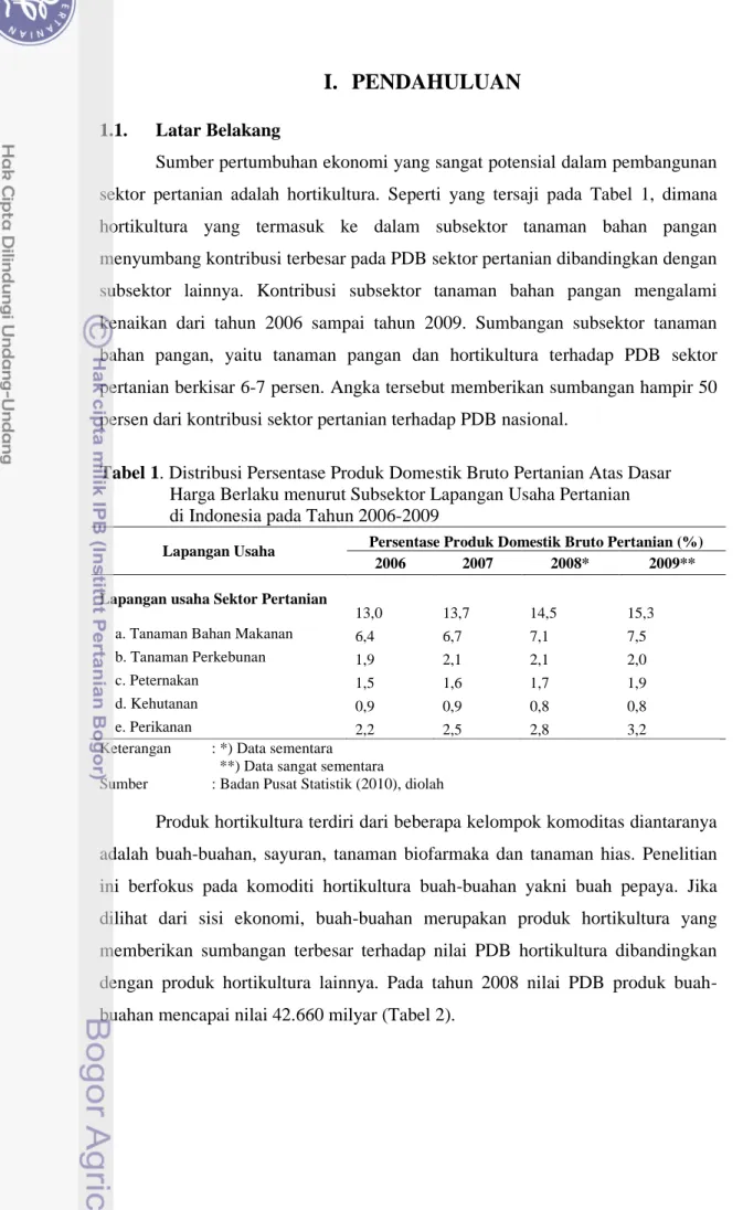 Tabel 1. Distribusi Persentase Produk Domestik Bruto Pertanian Atas Dasar Harga Berlaku menurut Subsektor Lapangan Usaha Pertanian di Indonesia pada Tahun 2006-2009