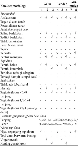 Tabel 1. Karakter morfologi Xanthosoma spp. di Galur,  Lendah dan Girimulyo, Kabupaten Kulonprogo,  Yogyakarta