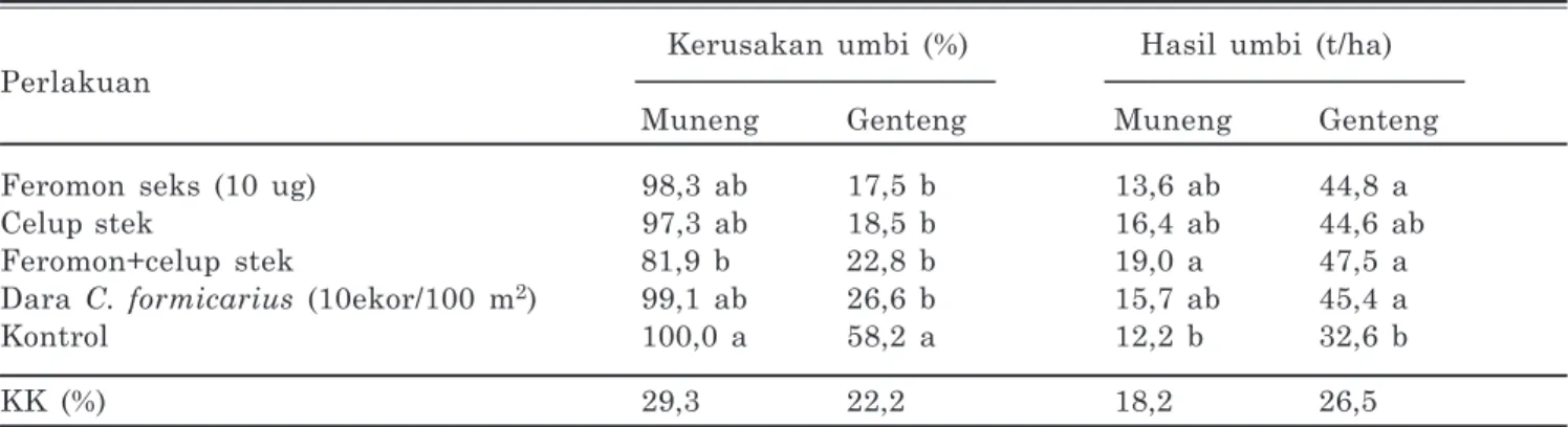 Tabel 3. Kerusakan umbi dan hasil ubijalar pada aplikasi bahan nabati, Muneng MK 1999.