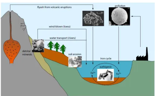 Gambar 3. Asal mula dan morfologi mineral magnetik dalam lingkungan danau.  