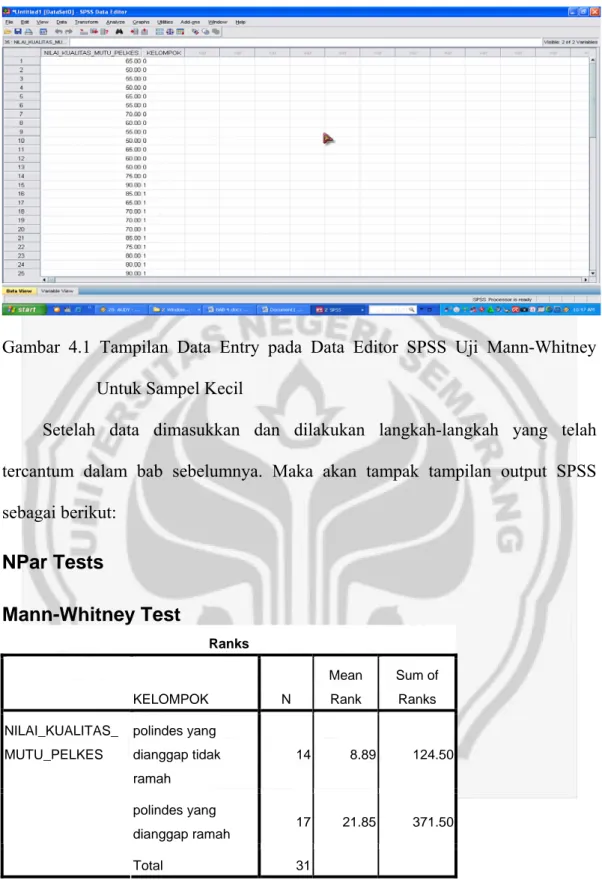 Gambar 4.1 Tampilan Data Entry pada Data Editor SPSS Uji Mann-Whitney  Untuk Sampel Kecil 