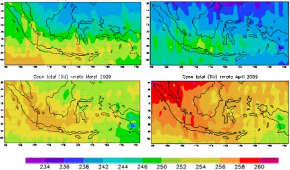 Gambar 3.3. Distribusi spasial O 3  dari Januari sampai April 2009 di Indonesia 4. Korelasi Indeks Aerosol (AI), Fraksi Awan (rdcf %) dan O 3  total