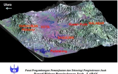 Gambar 2-1: Peta  Kota  Bandung  dikelilingi  oleh  gunung-gunung  yang  aktif  mengeluarkan  gas  belerang (sumber: Deputi Bidang Penginderaan Jauh, LAPAN) 