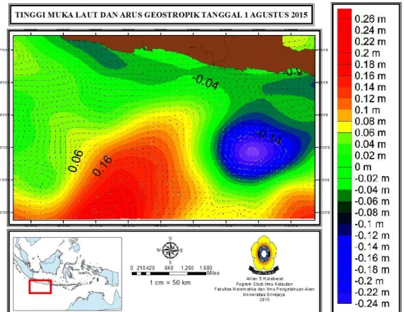 Gambar 2: Tinggi muka laut dan arus geostropik tanggal 1 juli 2015 