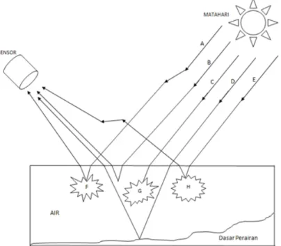 Gambar 3.Pemantulan Cahaya Matahari oleh Partikel-Partikel di Perairan  (IOCCG Report Number 3, 2000 dalam Putra, 2012)