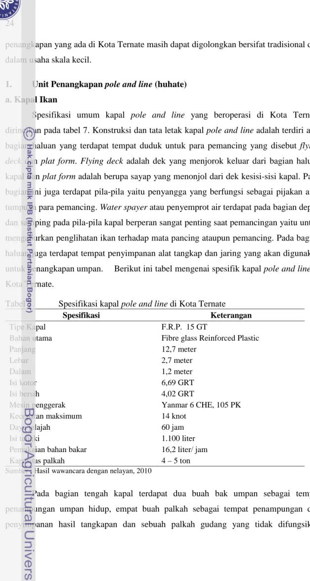 Tabel 7  Spesifikasi kapal pole and line di Kota Ternate 