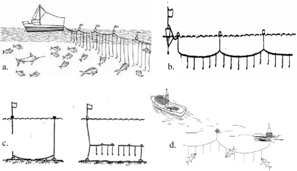 Gambar 3. Jenis pancing rawai a. surface long line b. midwater long line c.  