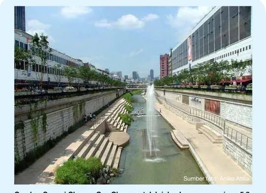 Gambar Sungai Cheong Gye Chong setelah jalan layang sepanjang 5,8  km di atasnya, yang dibangun semenjak tahun 1968, diruntuhkan.