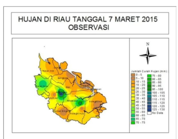 Gambar 5. Peta sebaran hujan observasi  Gambar  5  dapat  dilihat  peta  sebaran  curah hujan yang terjadi di Riau pada tanggal  7  Maret  2015  berdasarkan  hasil  observasi  langsung
