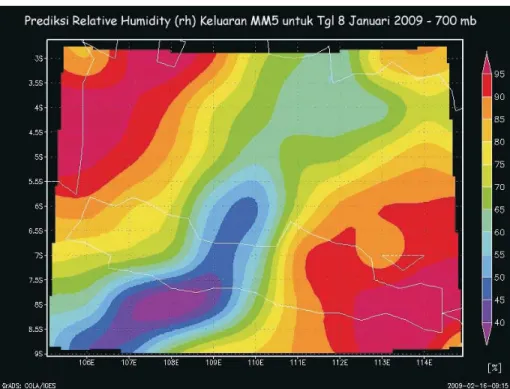 Gambar 3. Relative humidity (RH) pada level 700 mb. untuk wilayah P. Jawa        dan sekitarnya pada tanggal 8 Januari 2009.