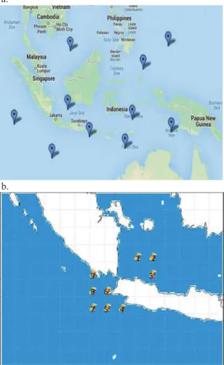 Gambar  2.7  Titik  verifikasi  model  WW3  dengan  menggunakan data satelit altimeter multimisi (JASON-2 dan  Envisat,  a.)  Wilayah  perairan  Indonesia,  dan  b.)  Wilayah  Selat Sunda.
