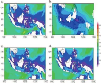 Gambar 3.11 Verifikasi kuantitatif model WW3 dengan data  satelit  altimeter  multimisi  pada  wilayah  perairan  Indonesia,  pukul  00:00:00  UTC  tanggal  1  -  10  Oktober  2012,  a.)  Koefisien korelasi, dan b.) nilai RMSE 