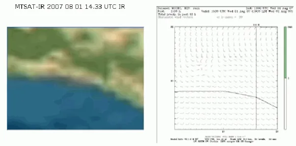 Gambar 3.6. Komparasi antara simulasi model atmosfer (WRF) dengan satelit  untuk variabel  precipitasi pada jam 14.00 UTC dijalankan di  PC