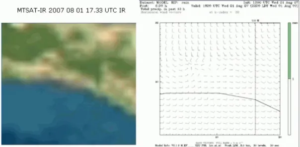 Gambar 3.7. Komparasi antara simulasi model atmosfer (WRF) dengan satelit untuk variabel  precipitasi pada jam 14.00 UTC dijalankan di  PC