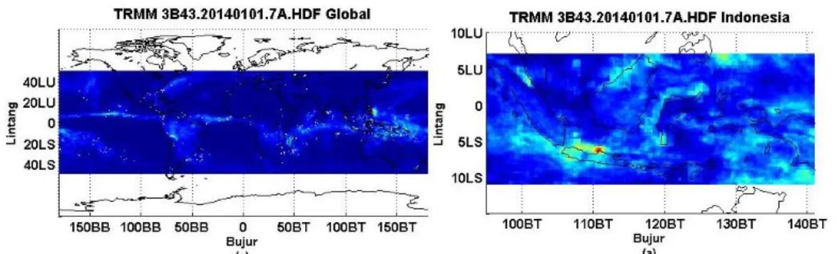 Gambar 1 Visualisasi data curah hujan TRMM 3B43 (a) data secara global (b) data  wilayah indonesia 