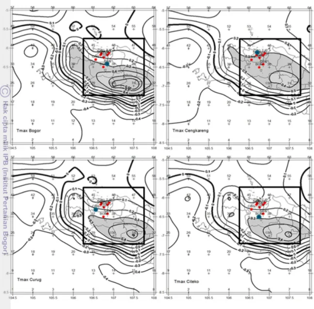Gambar 3.3. Isokorelasi suhu maksimum Stasiun Bogor, Cengkareng, Curug dan  Citeko dengan suhu maksimum NWP GFS jam 06 UTC 