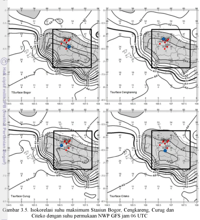 Gambar 3.5. Isokorelasi suhu maksimum Stasiun Bogor, Cengkareng, Curug dan  Citeko dengan suhu permukaan NWP GFS jam 06 UTC